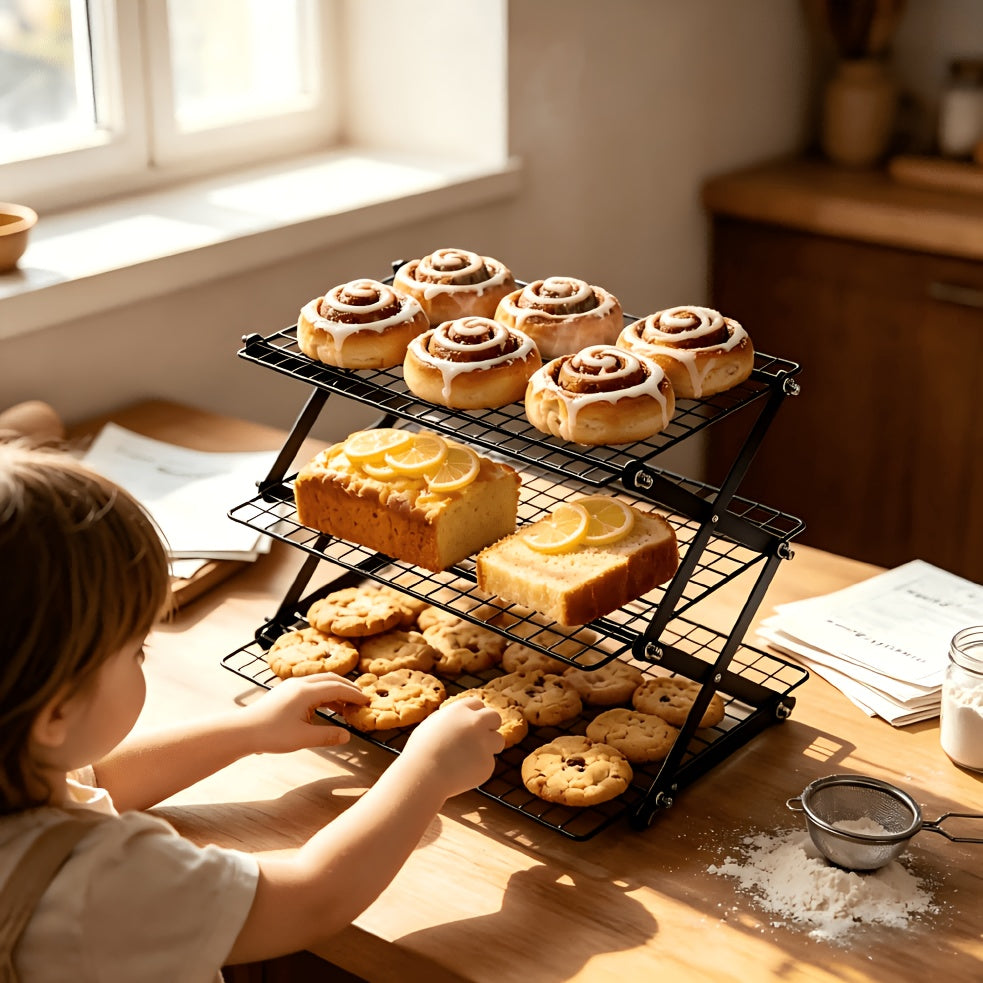 Foldable Cooling Rack 3-Layer Metal Wire Baking & Grilling Rack – Stackable Cake Cooling Tray for Baking, Roasting, Outdoor Picnic & Camping Grill