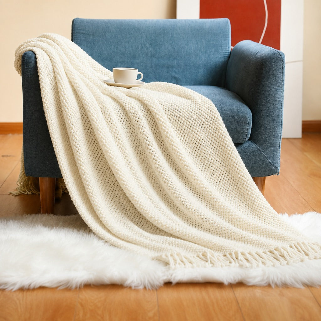 Acrylic Tassel Popcorn Texture Throw Blanket Soft Cozy for Sofa Bed Gift 8 Colors
