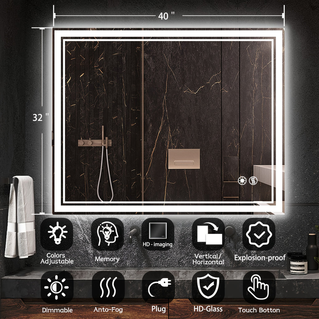 LED Bathroom Mirror with Lights Anti-Fog Dimmable 3 Color Temperatures, Touch Sensor & Wall Switch, Memory Function Tempered Glass Vanity Mirror – Wall Mounted Horizontal or Vertical, 5 Sizes