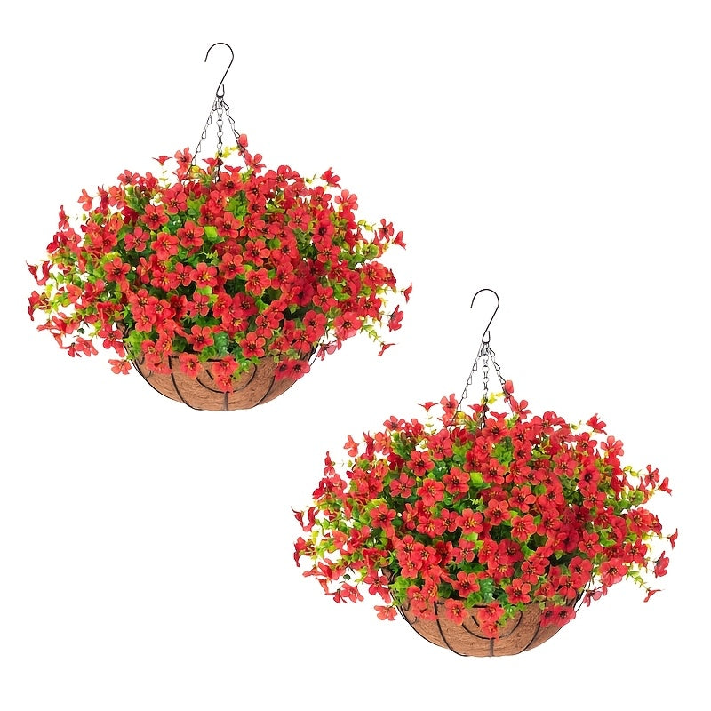 Hanging Basket Artificial Flowers 2 Sets 24pcs Red Purple Yellow | Outdoor Spring Summer Decor for Front Porch, Garden & Patio, Fake Flower Hanging Baskets for Balcony Fence