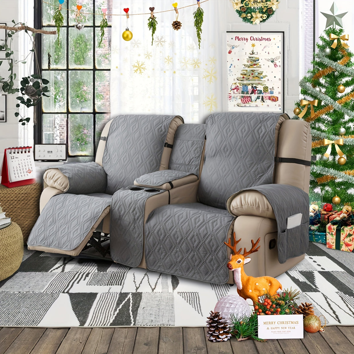 Loveseat Recliner Cover with Center Console – 4-Piece Set 100% Waterproof Dual Recliner Slipcover with Straps, Split Reclining Sofa Protector for Pets & Kids, Living Room Furniture Cover