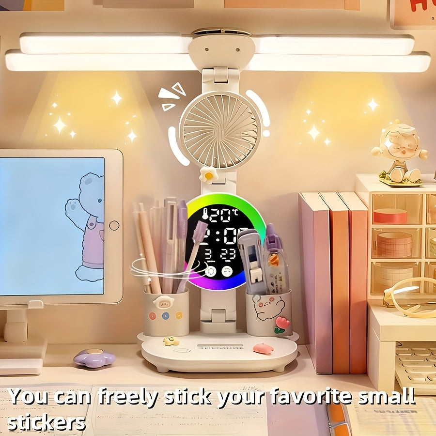 Smart Touch LED Desk Lamp USB Dual Head with Built-in Fan, 3-Color Dimmable, Smart Display, Pen Storage & Night Light – Eye-Caring Study & Home Office Lamp – 1 or 2 Pack