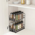 2-Tier Slide-Out Spice Rack Organizer for Cabinets with 415 Labels – Heavy Duty Steel, Ball Bearing Glides, 5.2"W x 10.75"D x 10"H, Easy Cabinet Installation, No Jars