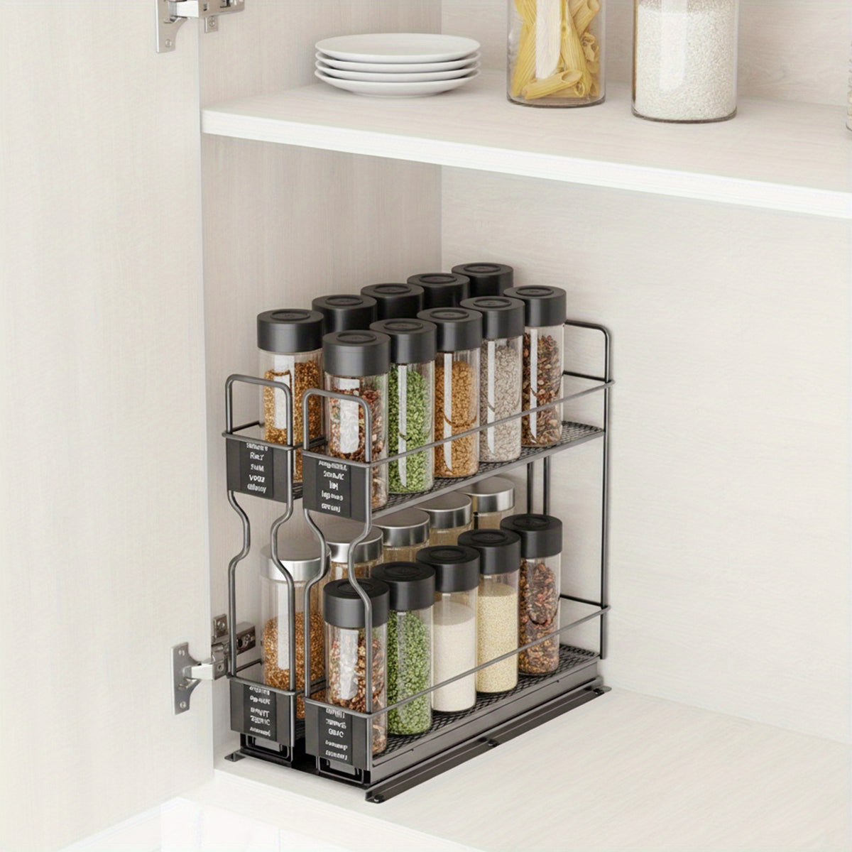 2-Tier Slide-Out Spice Rack Organizer for Cabinets with 415 Labels – Heavy Duty Steel, Ball Bearing Glides, 5.2"W x 10.75"D x 10"H, Easy Cabinet Installation, No Jars