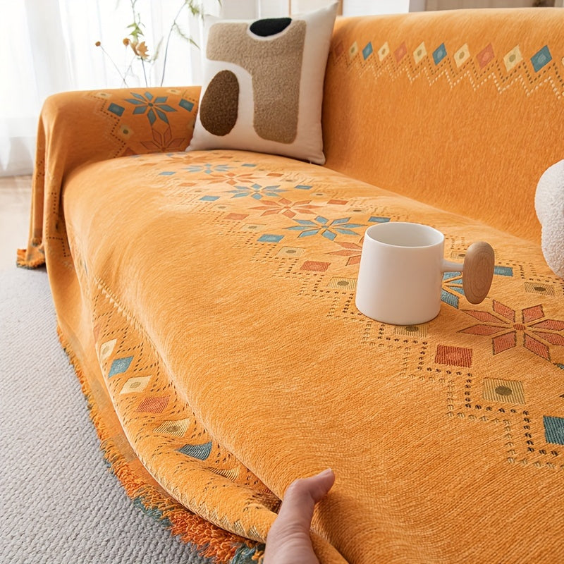 Chenille Boho Sofa Cover with Embroidered Detail – Machine Washable Slipcover for 1 2 3 4 Seater Sectional Couches, Extra Large Sizes, No Padding, 4 Colors