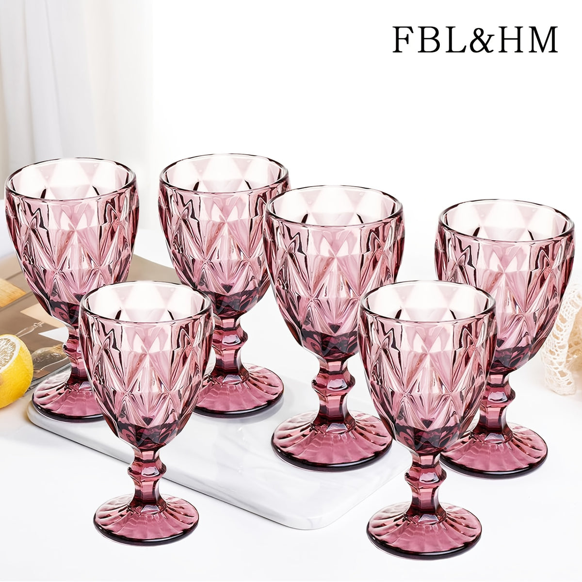 Vintage Amber Stemmed Wine Glasses Set of 6 – 11.5oz Floral Etched Colored Glass Goblets for Wine, Water & Cocktails – Wedding, Party & Bar Glassware