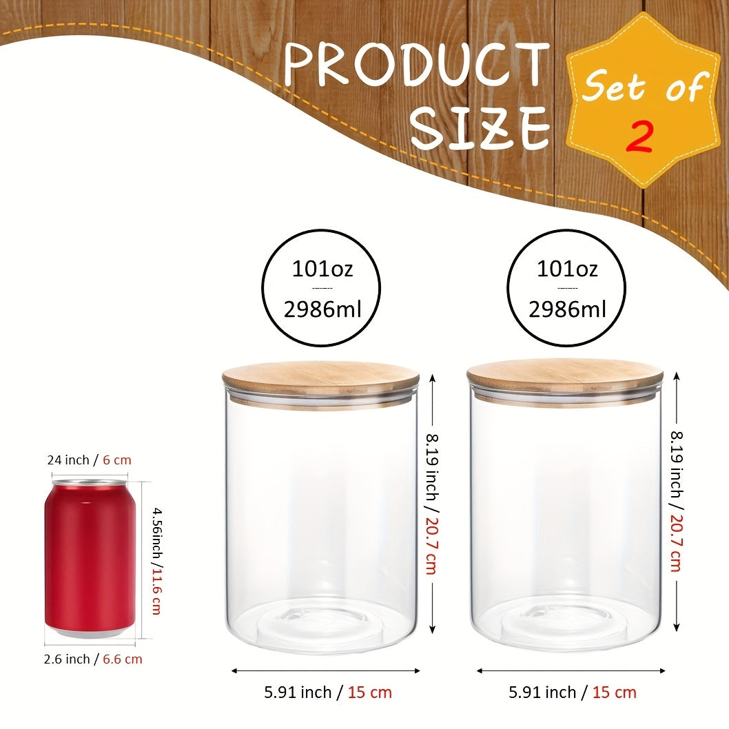 Glass Canisters for Kitchen Counter Set of 2 Large 101oz Airtight Lids, Wooden Lid Cookie Jars, Food Storage Containers for Sugar, Flour, Pasta, Coffee Beans & Candy