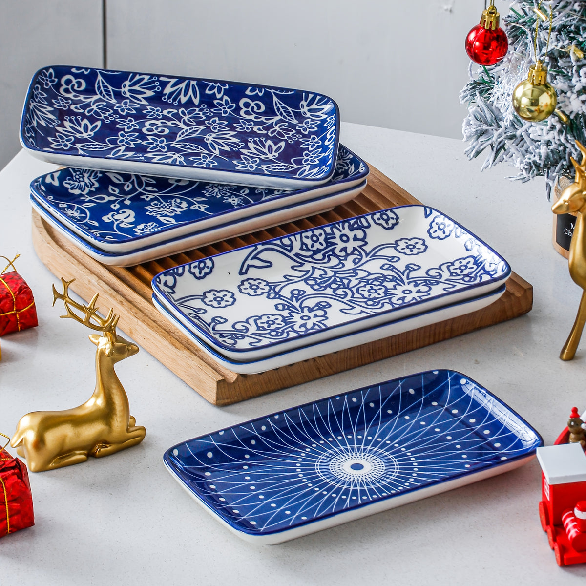 Ceramic Rectangular Serving Plates Set of 6 - Porcelain Sushi Platters 8 Inch with Blue White & Assorted Patterns, Microwave Dishwasher Oven Safe Dinnerware for Sushi Salad Dessert Appetizers