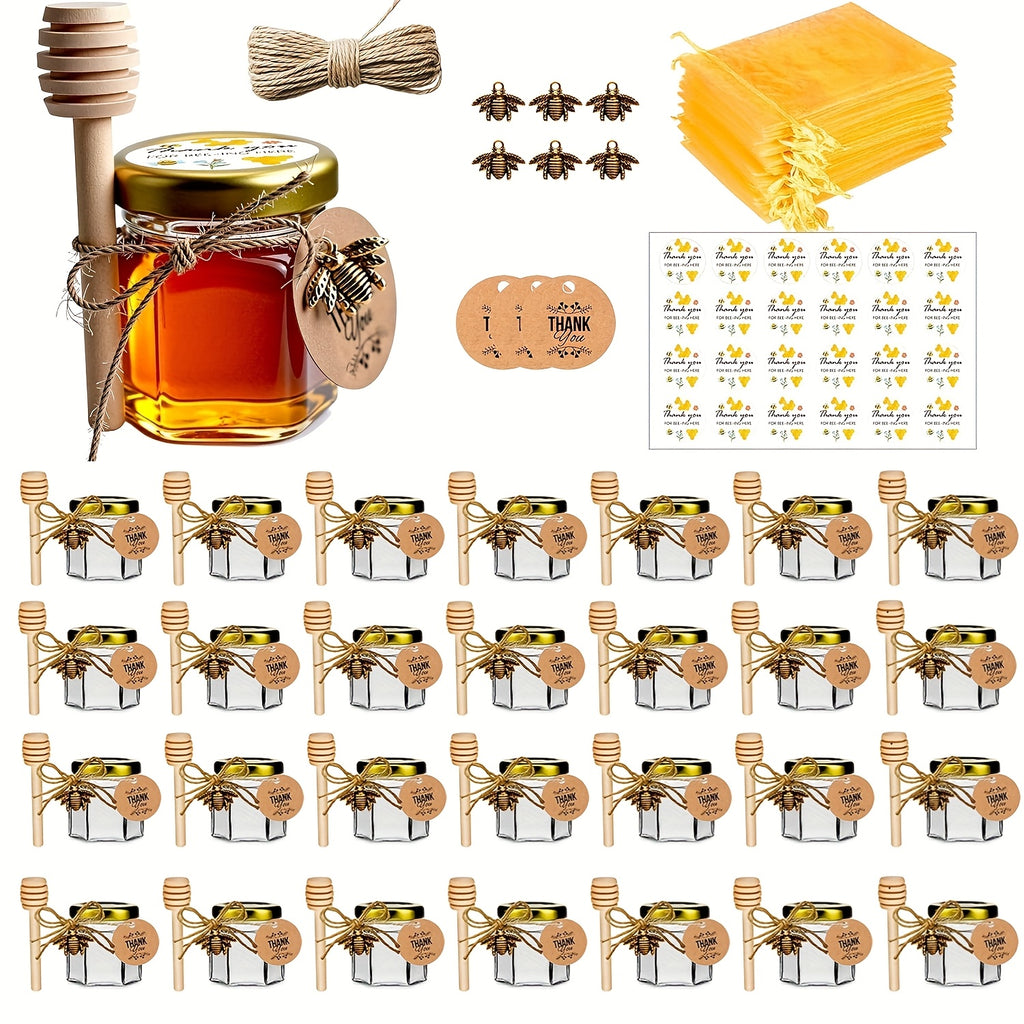 Mini Hexagon Honey Jar Favor Set – 1.5oz Glass Jars with Golden Lid, Bee Charm, Honey Dipper & Gift Tags | 20-60 Pcs | Wedding, Baby Shower & Party Favors