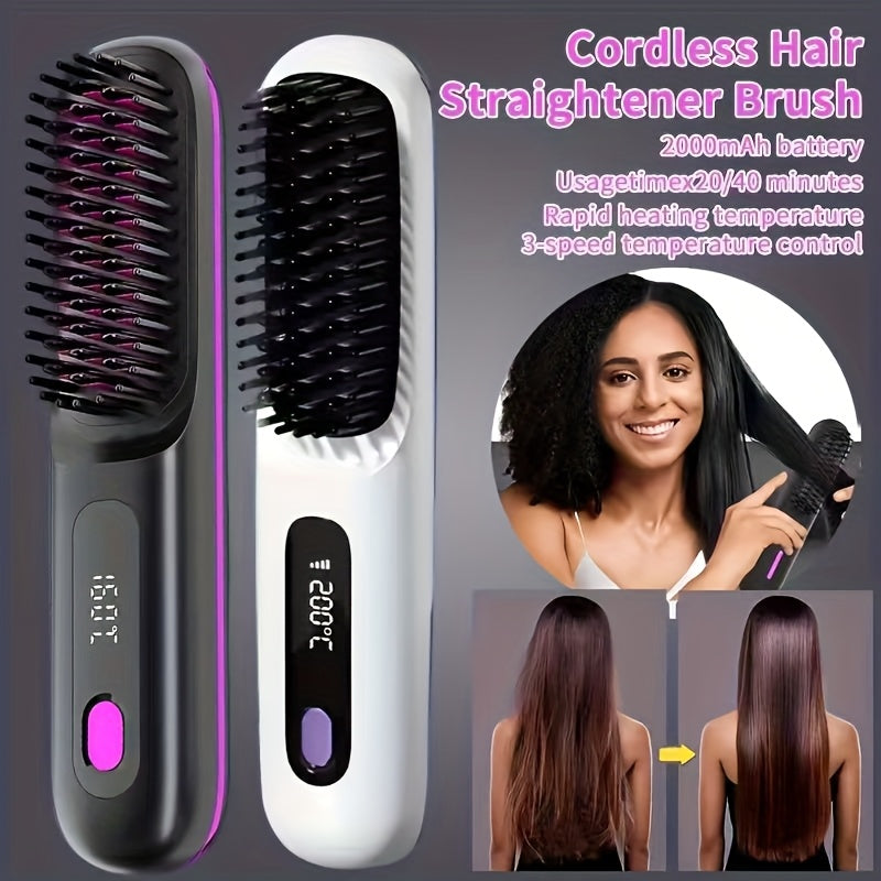 Portable Wireless Hair Straightener Comb USB Rechargeable 3-Speed Temperature Control Negative Ion LED Display Travel Hair Straightener Brush with Comb and Clip