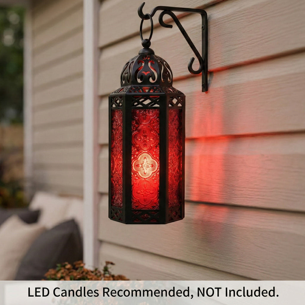 Moroccan Candle Lantern Holder Medium 10.5 Inch – Handcrafted Glass Iron Metal Lantern with Embossed Floral Panels, 17 Colors, Indoor Outdoor Use for Ramadan, Wedding, Patio, Diwali & Home Decor