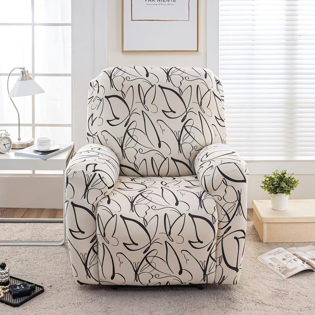 Recliner Slipcover Set of 4 with Side Pocket, Extra Large Jacquard Stretch Furniture Protector Cover, Elastic Band Closure, 92% Polyester All-Season Recliner Chair Cover for Living Room, 10 Patterns