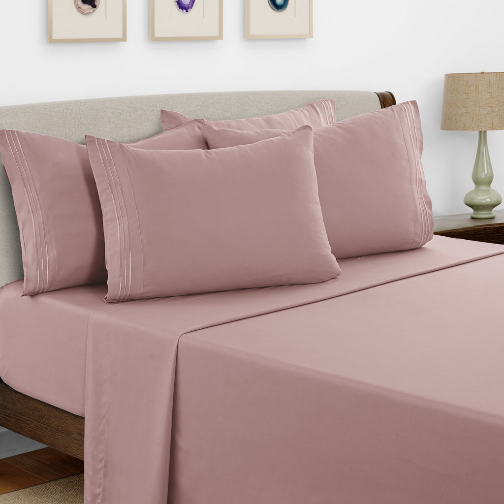 Brushed Microfiber Bed Sheet Set 6 Piece with Embroidered Pillowcases - Hotel Luxury Deep Pocket 16 Inch, Soft Breathable All Season, 24 Colors, Twin Twin XL Full Queen King Cal King