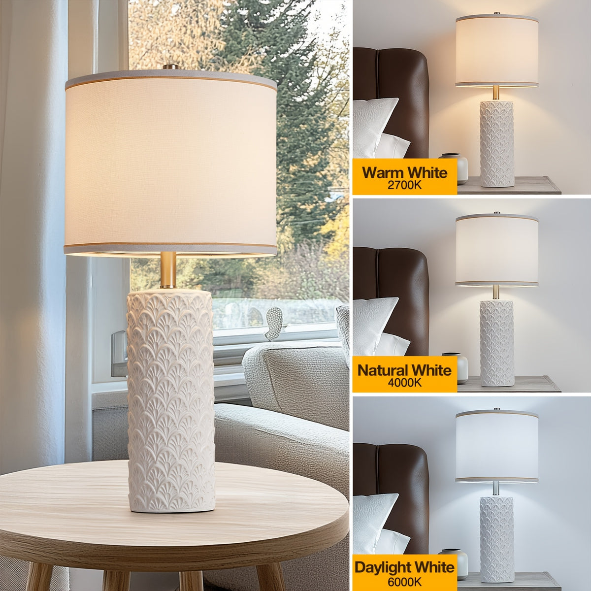 27" Modern Ceramic Table Lamp Set of 2 – Farmhouse Bedside Lamps with 3 Color Temperatures for Bedroom, Living Room & Office (LED Bulb Included)
