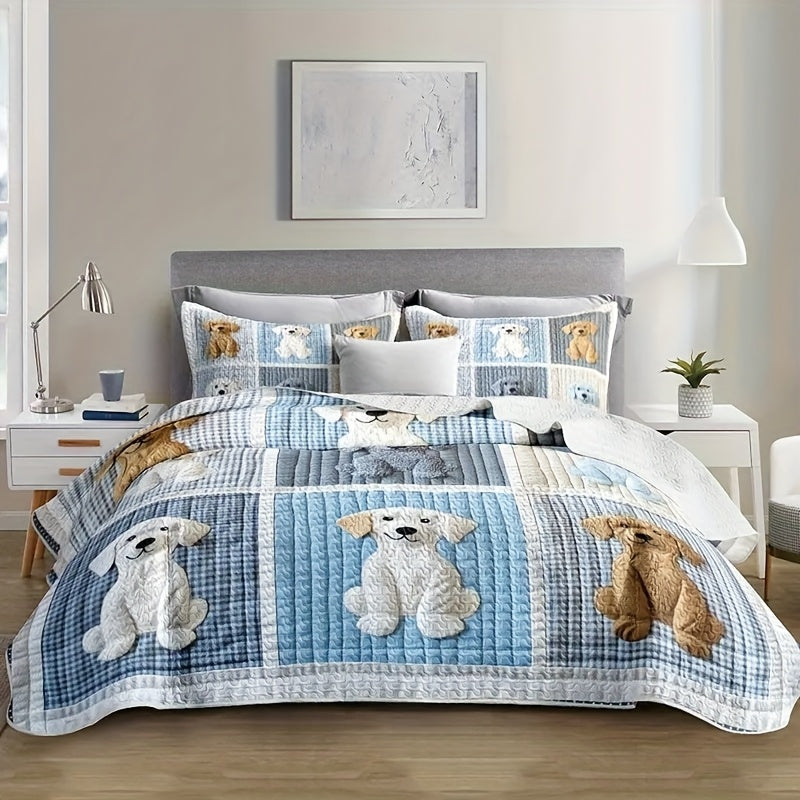 Quilted Bed Cover Set 3 Piece Patchwork Dog Print Quilt with 2 Pillowcases Ultra Soft All-Season Comforter Set Twin Full Queen King
