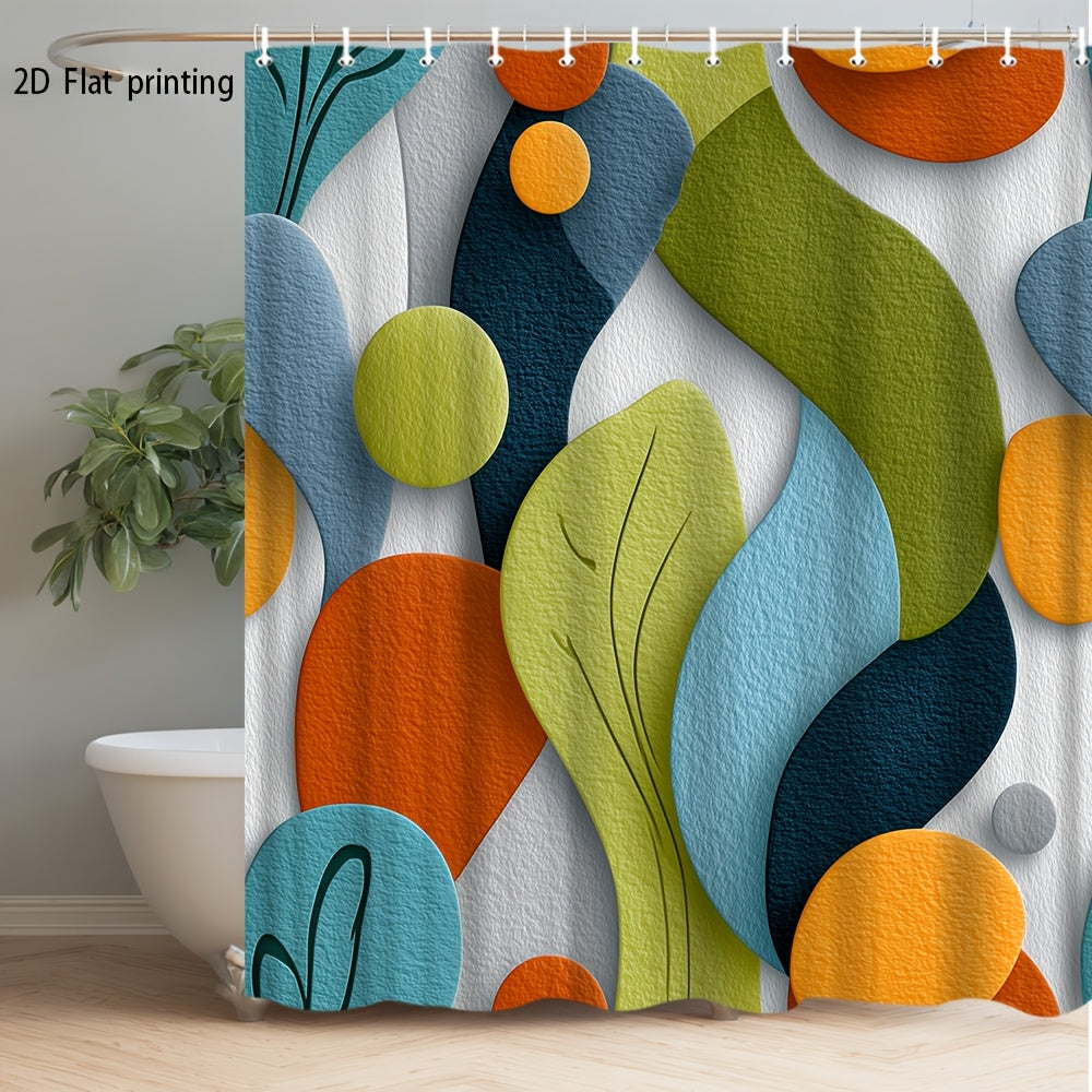 Abstract Geometric Shower Curtain – Colorful Overlapping Shapes Modern Art Bath Decor in Green Blue Orange Teal | 70.86x70.86 Inch with 12 Hooks