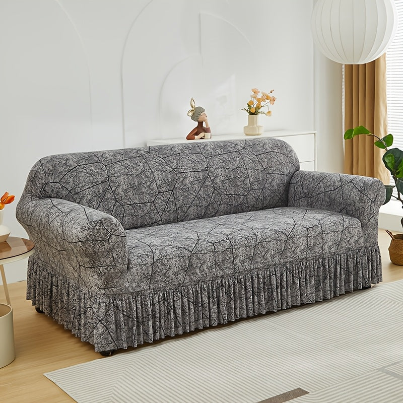 Printed Elastic Skirt Sofa Cover Slipcover with Bottom Skirt | Stretch Fitted Couch Protector for Living Room, Single 2-Seater 3-Seater 4-Seater