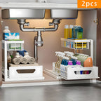 Under Sink Organizer 2-Pack 2-Tier Slide-Out Pull-Out Cabinet Shelf - Heavy Duty Carbon Steel with Adjustable Compartments for Kitchen, Bathroom, Pantry & Closet Organization