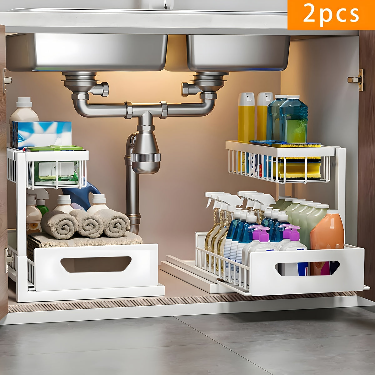 Under Sink Organizer 2-Pack 2-Tier Slide-Out Pull-Out Cabinet Shelf - Heavy Duty Carbon Steel with Adjustable Compartments for Kitchen, Bathroom, Pantry & Closet Organization