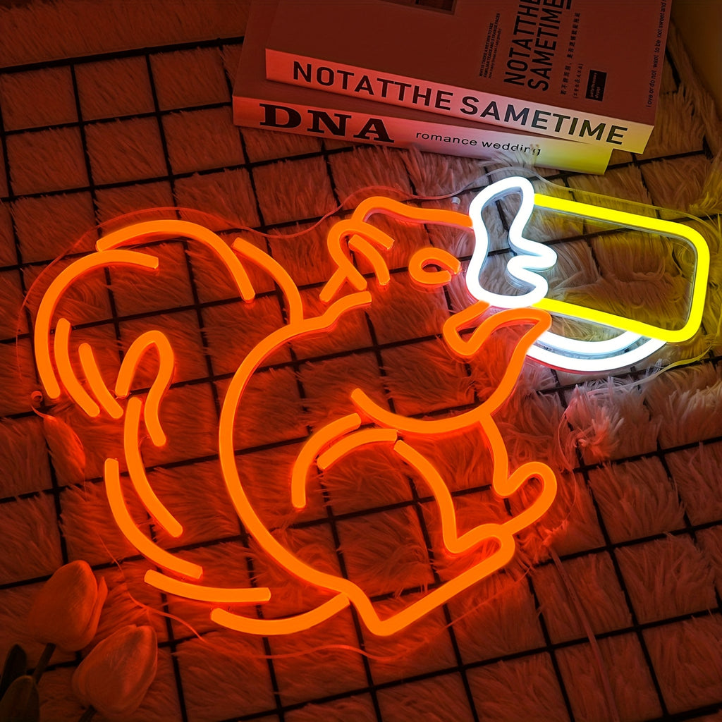 Squirrel Drinking Beer Neon Sign LED Dimmable USB Powered Bar Light for Man Cave Home Bar Pub Cafe Party Wall Decor
