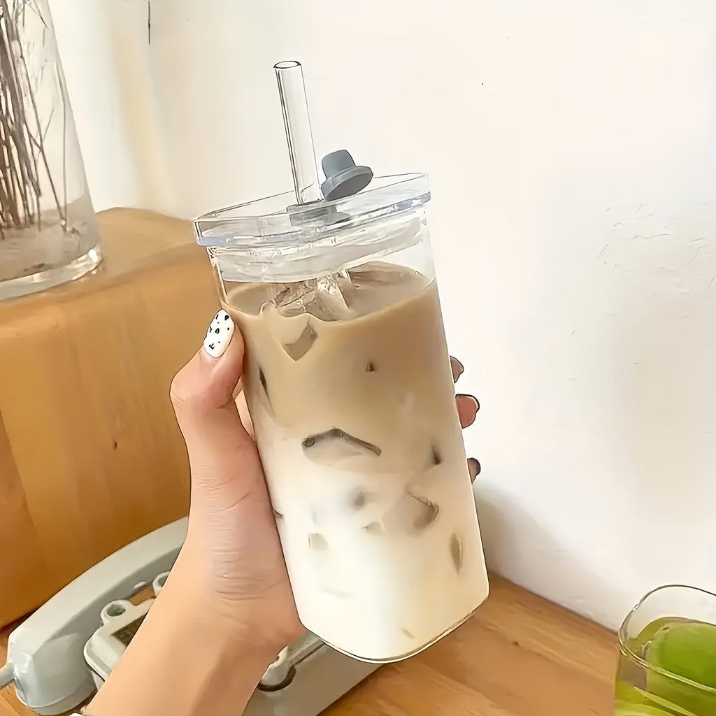 Square Glass Cups with Lids and Straws Set of 6 | Portable Iced Coffee Cups for Office Party Home School Outdoor