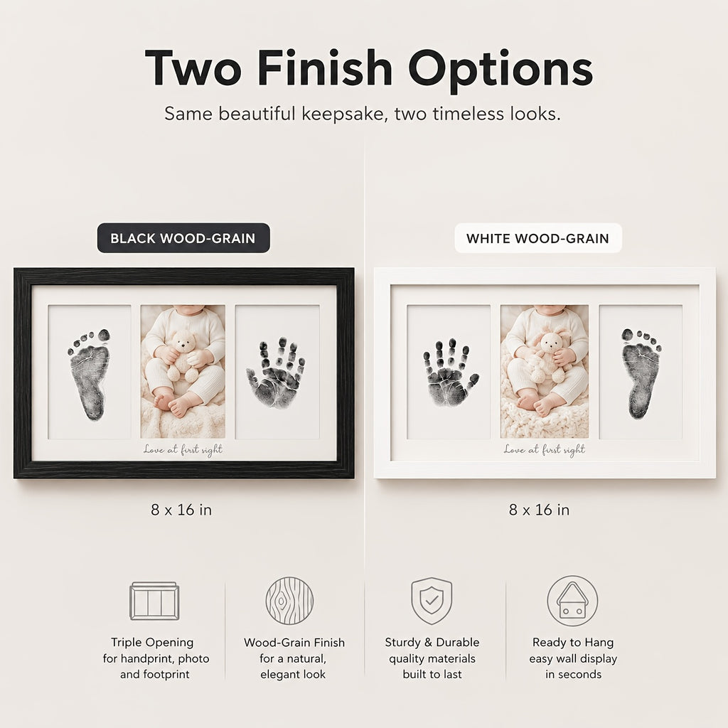 Triptych Photo Frame 8x16 Inch – Horizontal 3-Panel Picture Frame with Text & Footprint/Handprint Panel, Desktop or Wall Display, Black & White Wood Grain, Heartfelt Gift for Moms
