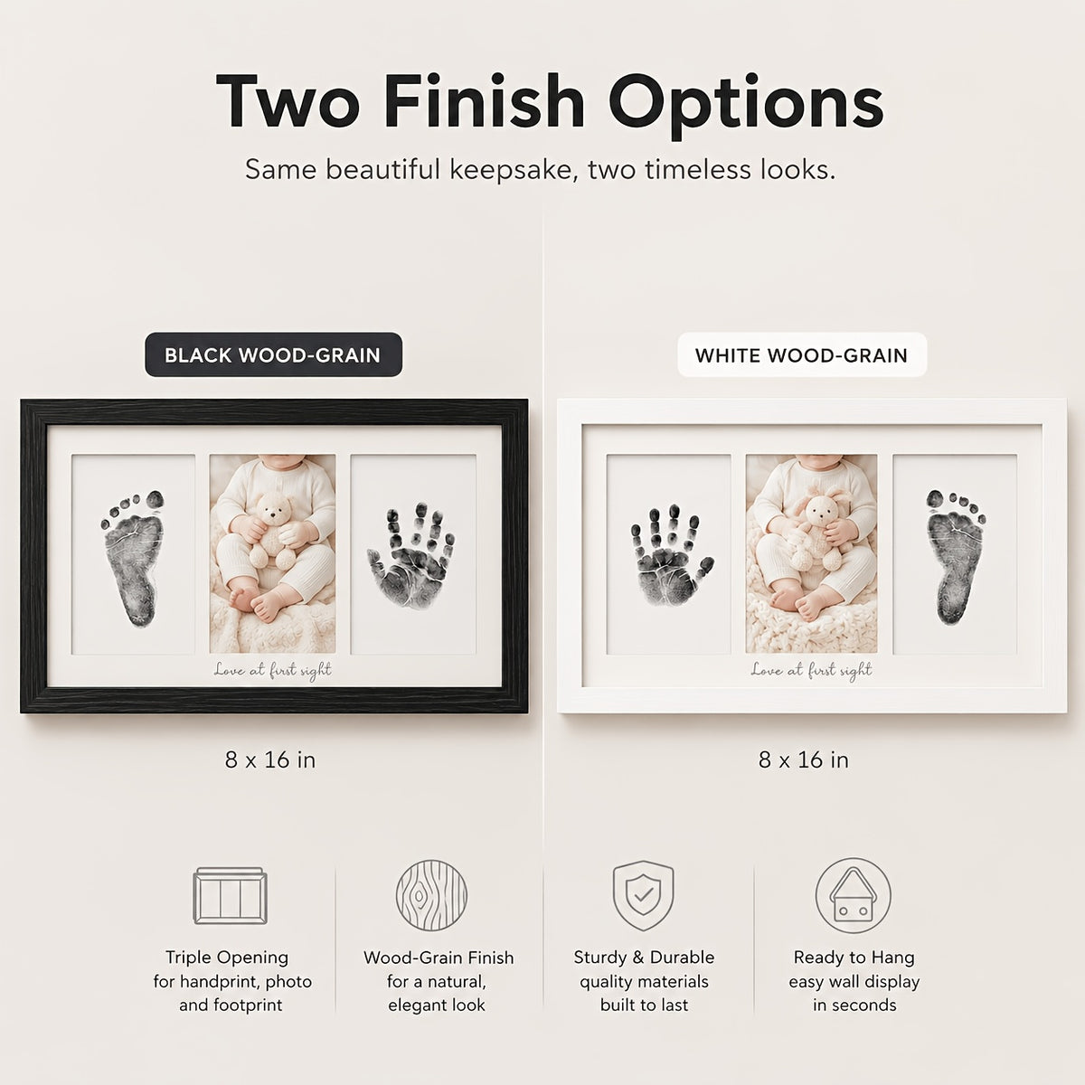 Triptych Photo Frame 8x16 Inch – Horizontal 3-Panel Picture Frame with Text & Footprint/Handprint Panel, Desktop or Wall Display, Black & White Wood Grain, Heartfelt Gift for Moms