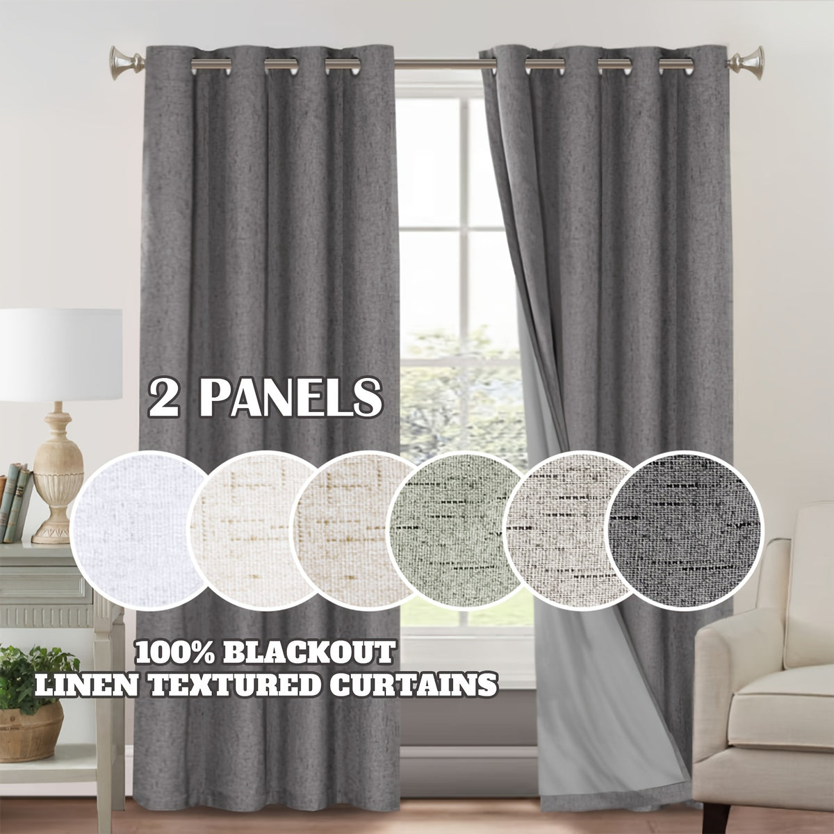 100% Blackout Linen Textured Curtains – Thermal Insulated Noise Reducing Grommet Window Drapes | 2-Panel Set for Bedroom, Living Room & Hall | 6 Neutral Colors
