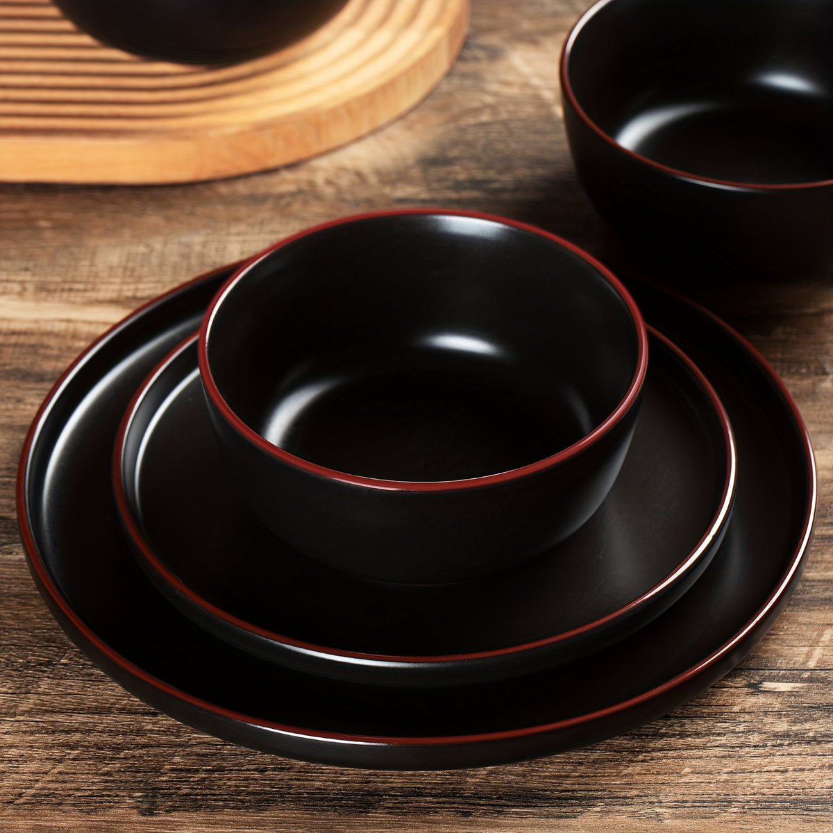12 Piece Matte Black Stoneware Dinnerware Set Speckled Microwave Dishwasher Safe Dinner Plates Salad Plates Bowls Service for 4
