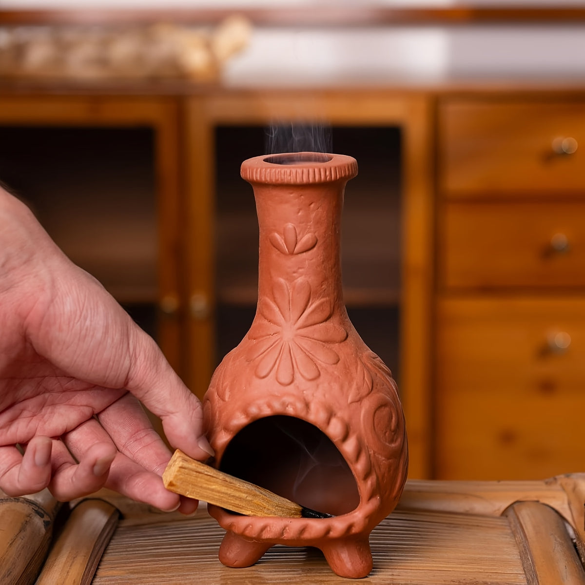 Ceramic Chiminea Incense Holder with Palo Santo Design – Handcrafted Terracotta Mini Chiminea Stick Burner for Meditation, Altar & Purification | Sage Texture Base