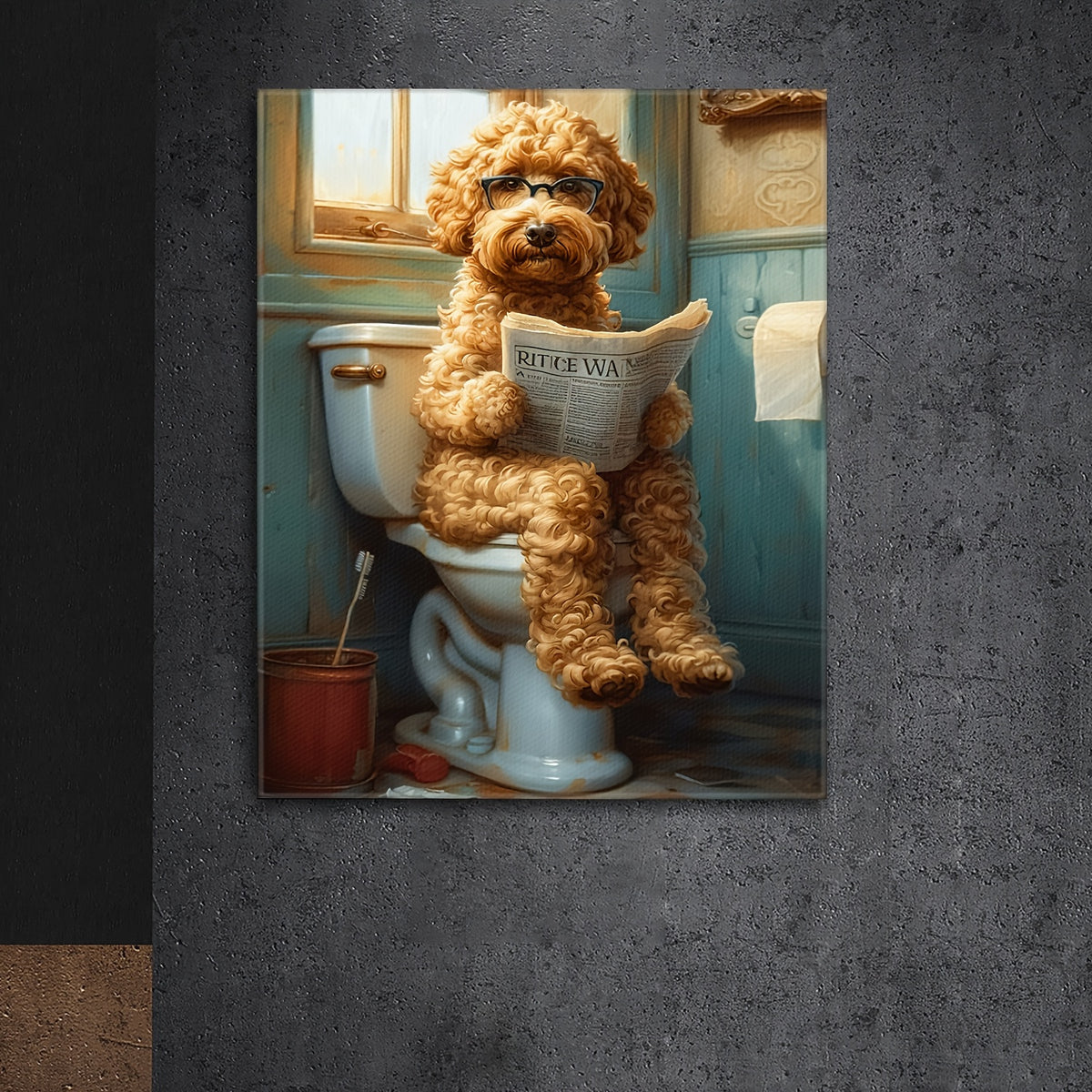 Funny Dog Bathroom Wall Art – Framed Canvas Print Dog on Toilet Reading Newspaper, Humor Bathroom Decor for Dog Lovers, Quirky Animal Poster for Restroom & Powder Room, Ready to Hang