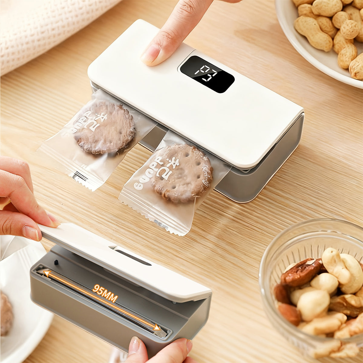 Mini Bag Sealer USB Rechargeable with Built-In Cutter, 6-Level Heat Portable Food Sealer for Chips, Snacks, Fruits & Veggies — Compact Kitchen & Picnic Gadget, White & Blue