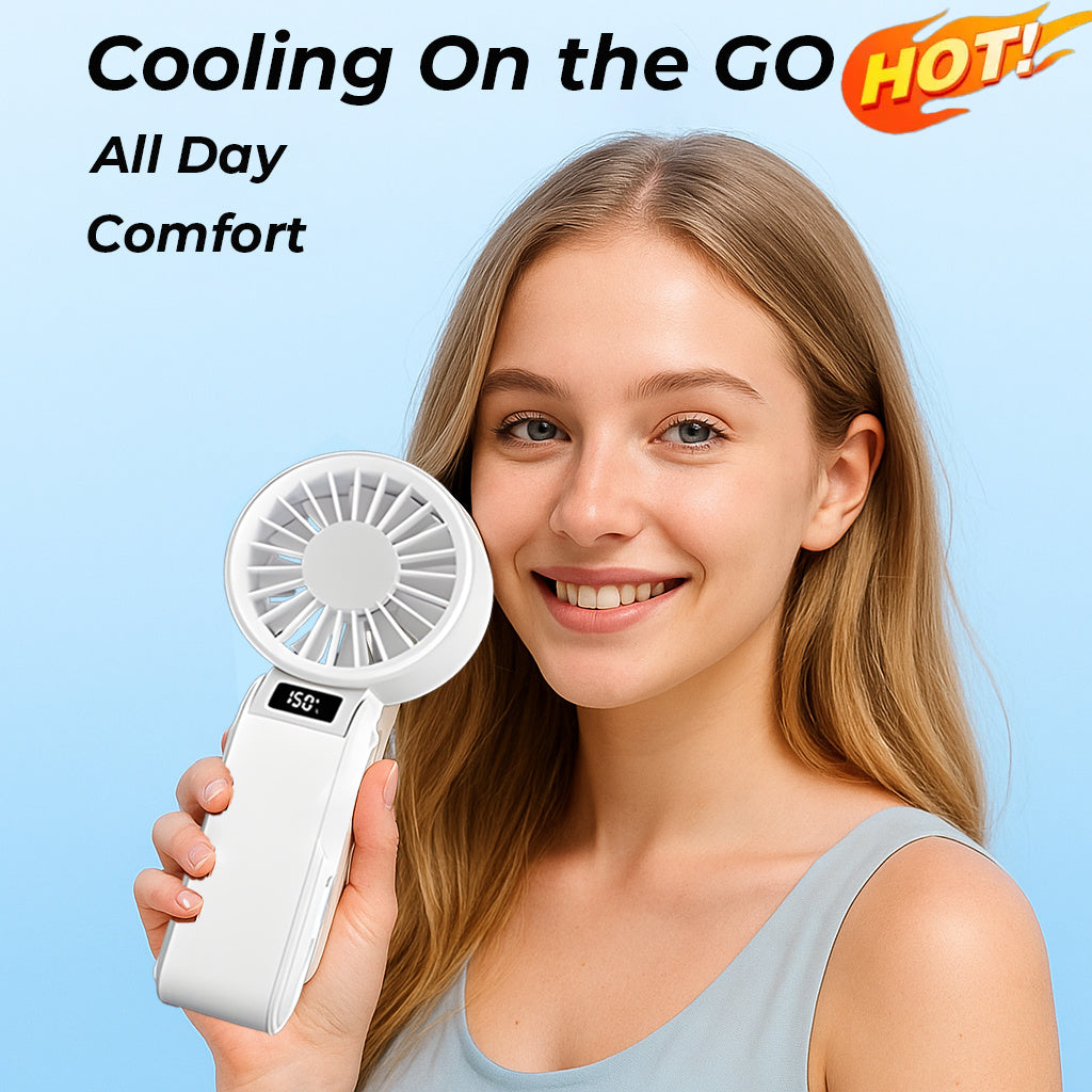 Portable Handheld Neck Fan USB-C Rechargeable 150-Speed Stepless Adjustable Foldable LED Display for Outdoor Travel Work Road Trips Hands-Free Wearable