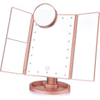 LED Vanity Makeup Mirror Tri-Fold Touch Screen, 1X 2X 3X 10X Magnification, Adjustable Base, USB Powered Lighted Mirror for Desk & Travel – White, Black & Rose Gold