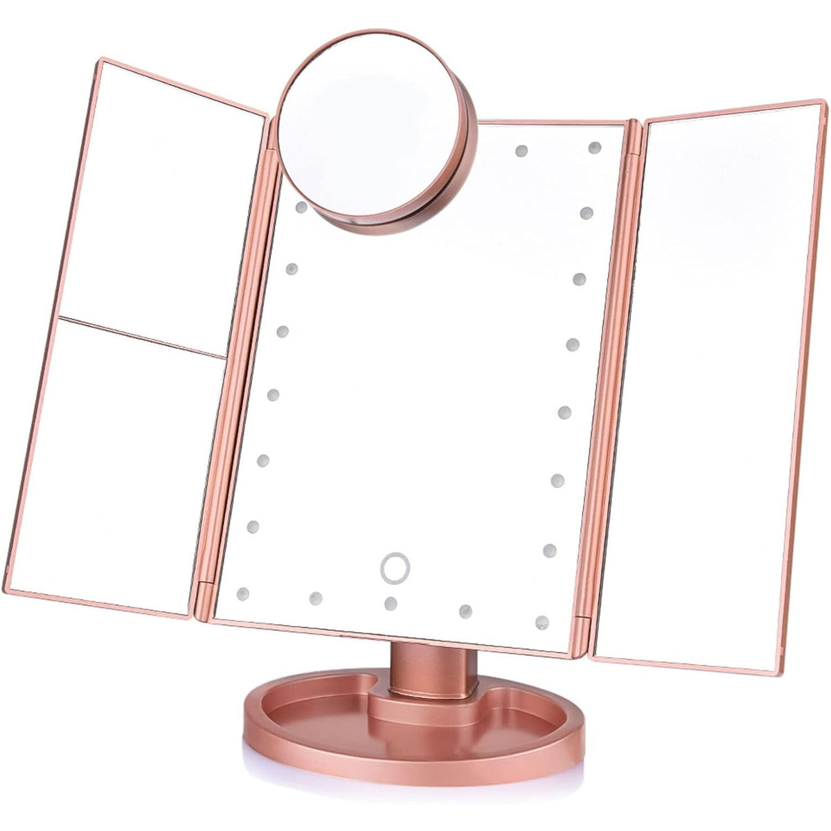 LED Vanity Makeup Mirror Tri-Fold Touch Screen, 1X 2X 3X 10X Magnification, Adjustable Base, USB Powered Lighted Mirror for Desk & Travel – White, Black & Rose Gold