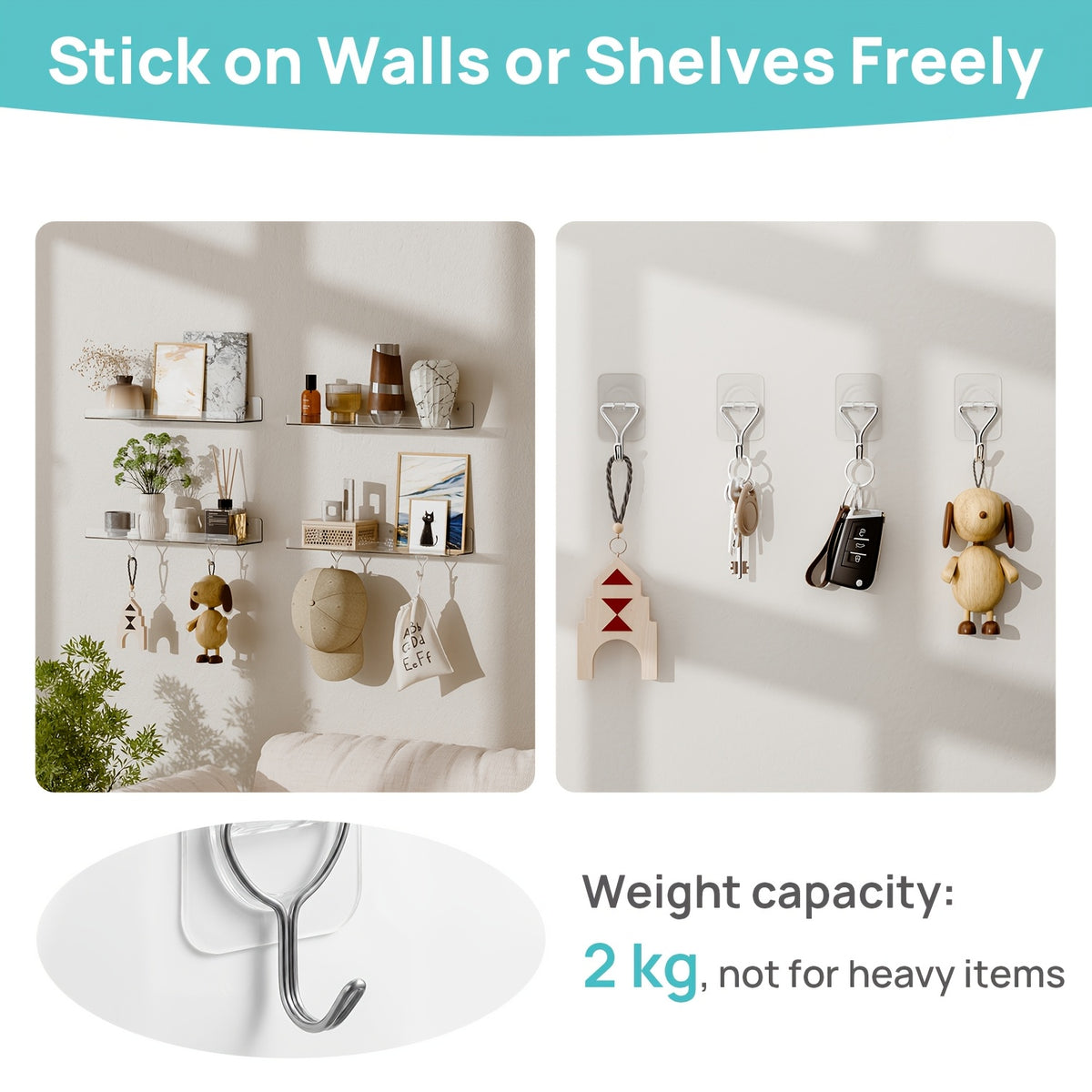 Clear Acrylic Floating Shelves Set of 4 with Hooks – Wall Mounted Display Shelf Organizer for Bathroom, Bedroom, Living Room & Kitchen | Transparent Storage Shelf for Room Decor