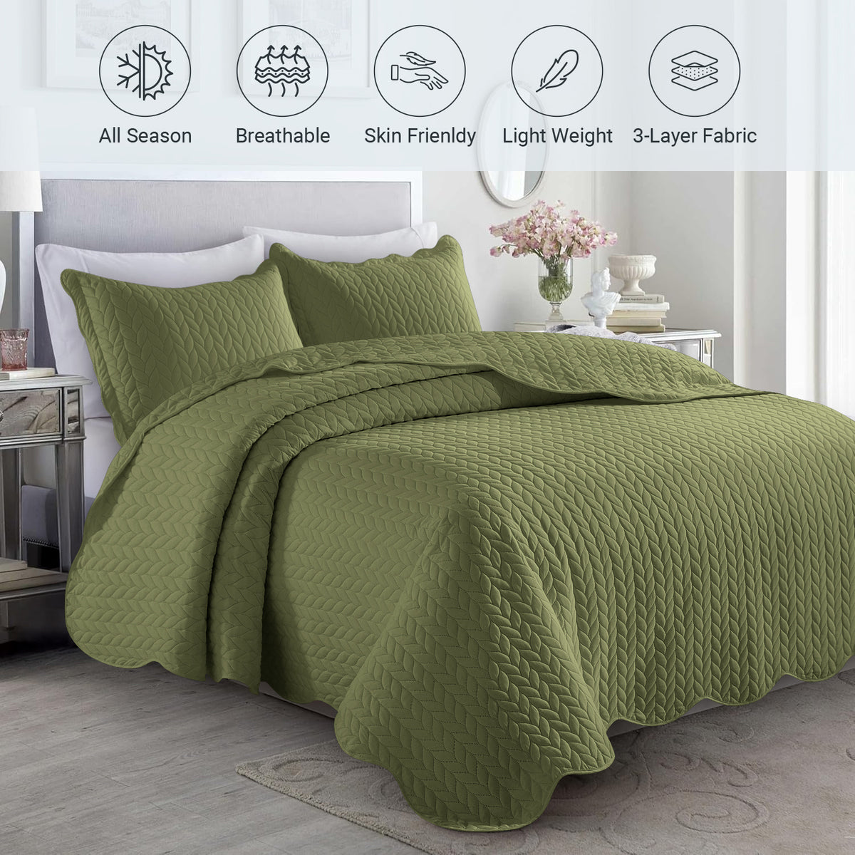 Microfiber Quilt Bedspread Set All Season Lightweight – Soft Breathable Quilted Coverlet Twin Full Queen King 16 Colors Machine Washable