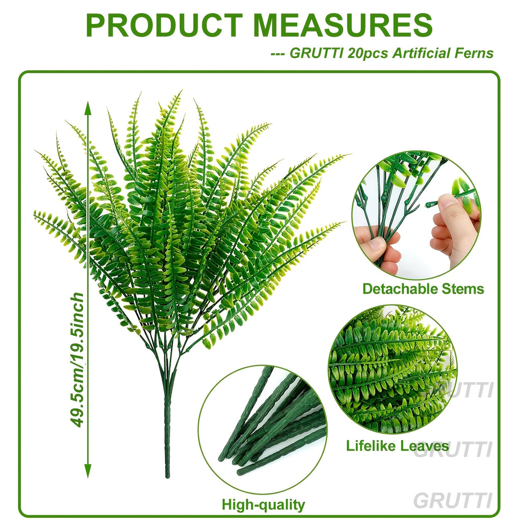 UV-Resistant Artificial Boston Ferns Bulk Set 20pcs – Faux Outdoor Fern Plants for Home, Office, Garden, Patio & Yard Decor, Realistic Lifelike Plastic Greenery