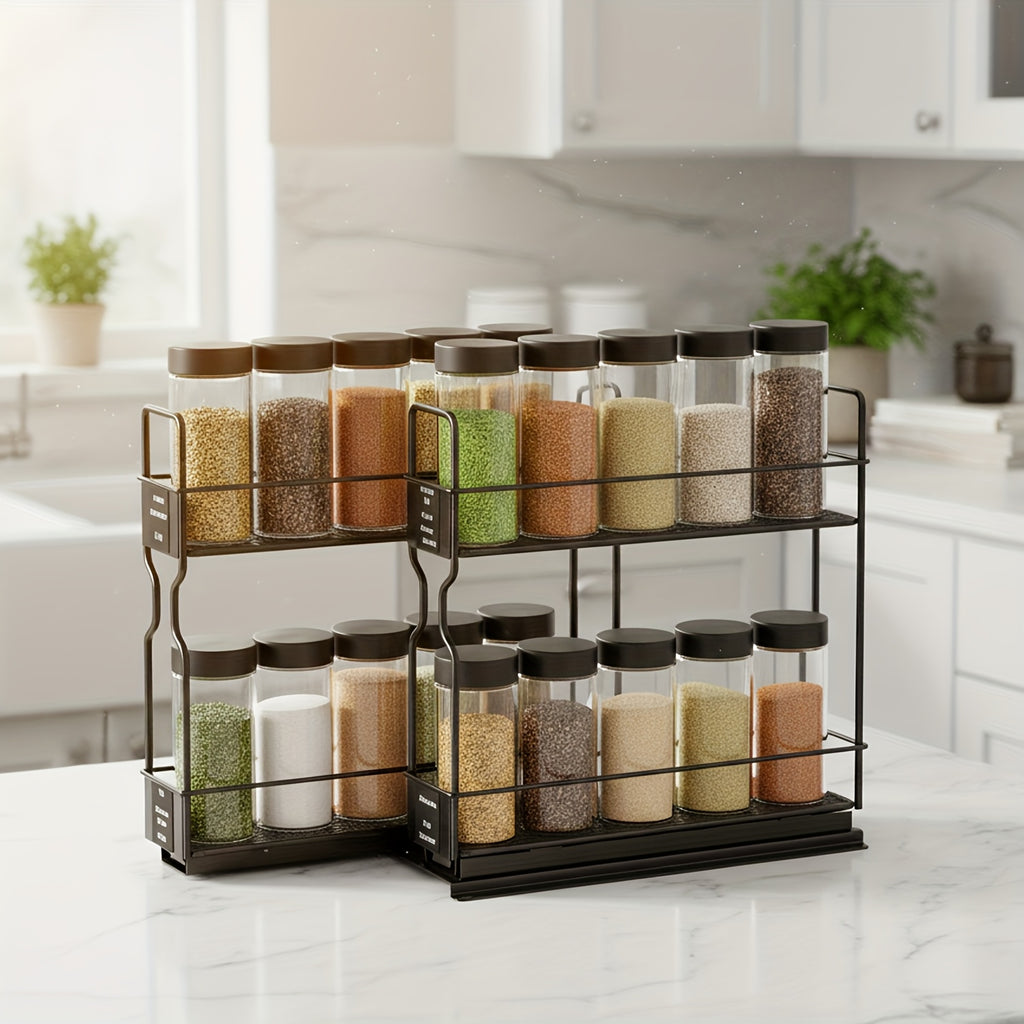 2-Tier Slide-Out Spice Rack Organizer for Cabinets with 415 Labels – Heavy Duty Steel, Ball Bearing Glides, 5.2"W x 10.75"D x 10"H, Easy Cabinet Installation, No Jars