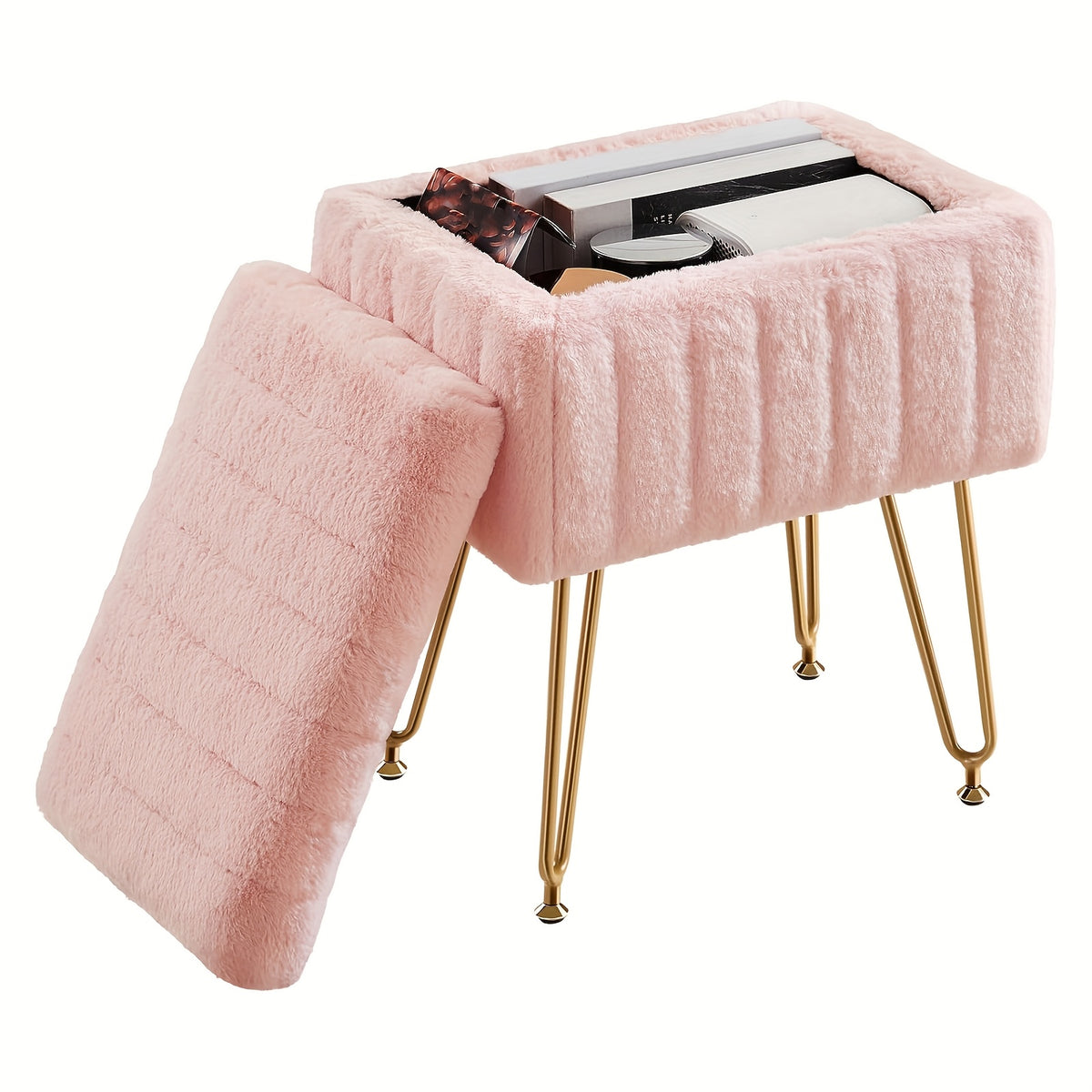 Vanity Chair with Storage PU Leather Makeup Stool Shoe Changing Ottoman Dual Purpose Seat 4 Gold Metal Legs Bedroom Living Room Study Cream White Black Pink Purple