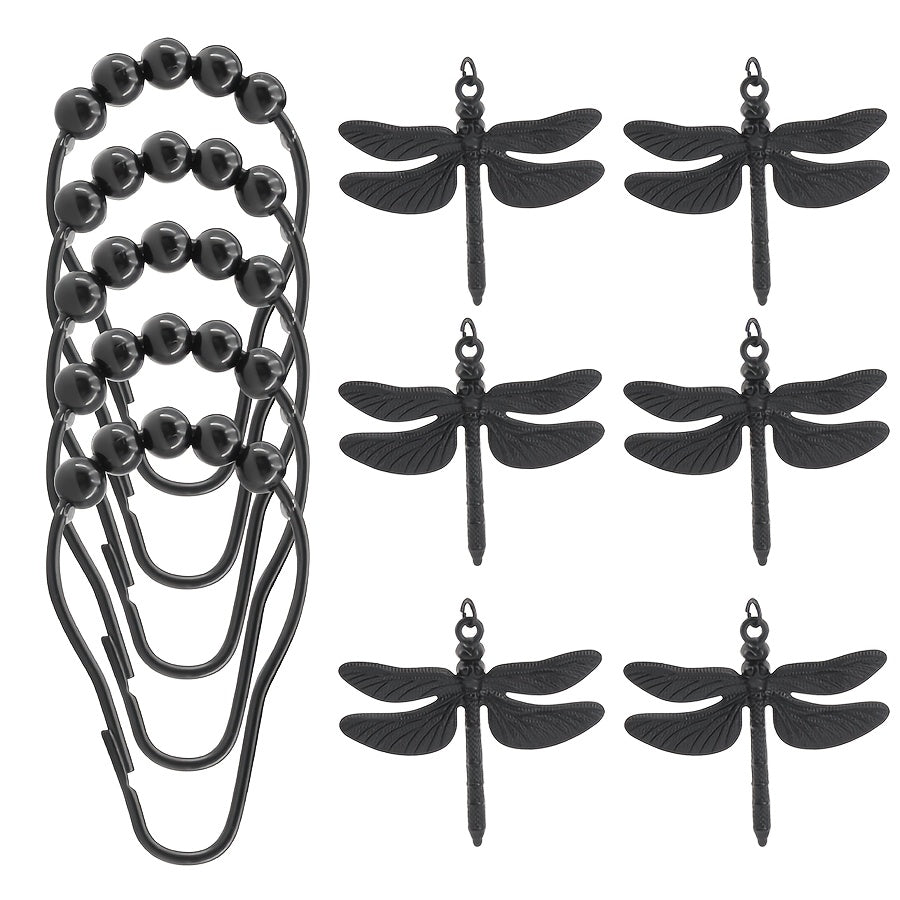 Dragonfly Shower Curtain Hooks Set of 12 – Decorative Metal Anti-Rust Spring Insect Theme Ball Sliding Easy Install Bathroom Rings, Silver or Black
