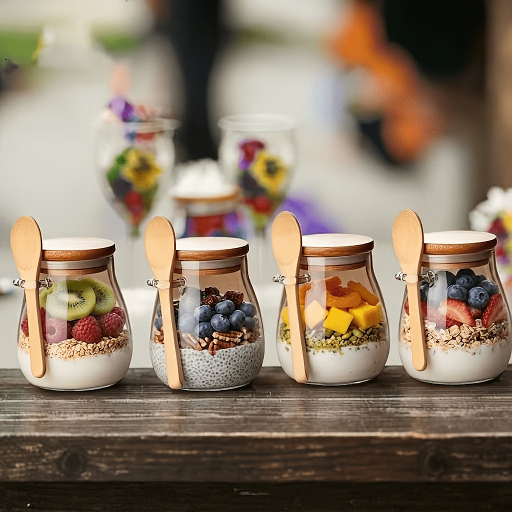 4-Pack 11.96oz Glass Meal Prep Jars with Lids & Spoons – Overnight Oats, Chia Pudding, Yogurt & Salad Containers