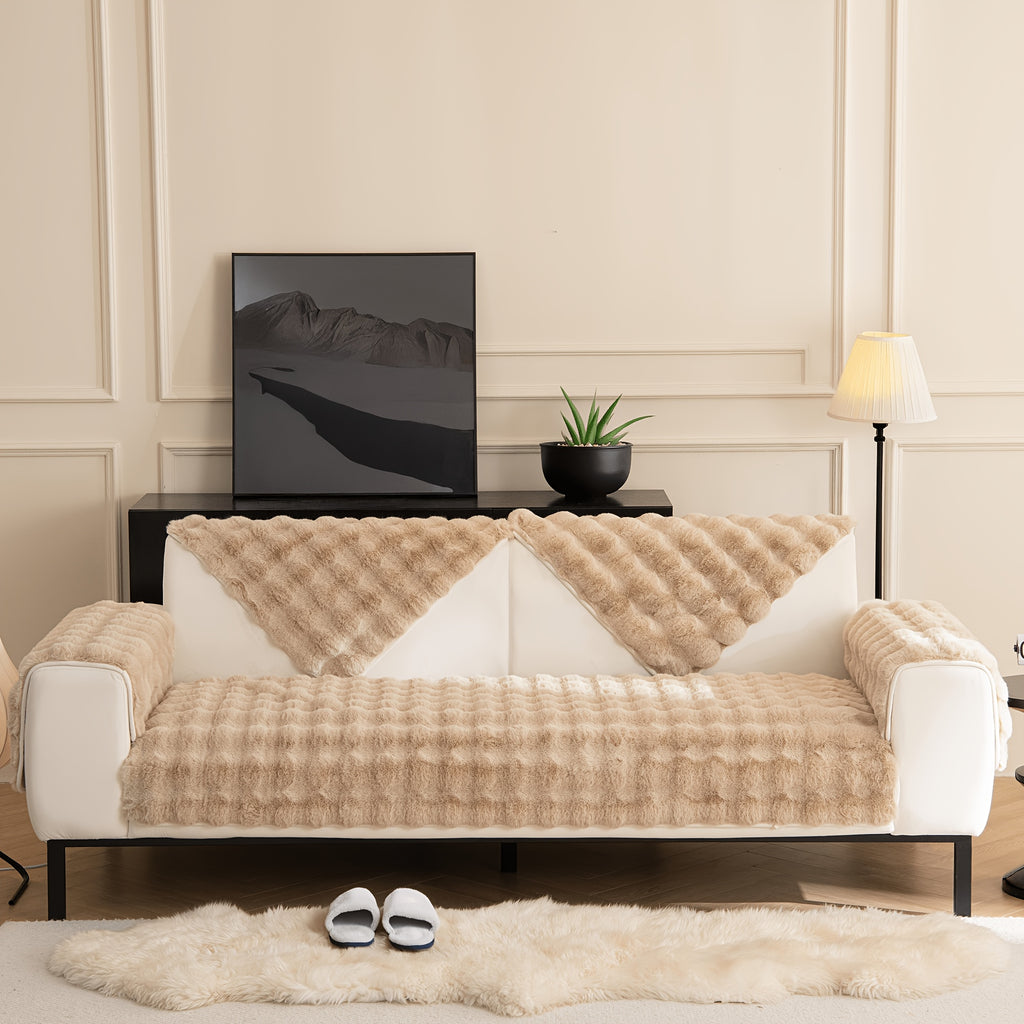 Faux Rabbit Fur Sofa Cover Non-Slip Stretchable Slipcover 3/4 Seat Bubble Soft Couch Protector – Breathable, Machine Washable, Fits Living Room, Bed & Dorm, Warm Home Decor Furniture Cover