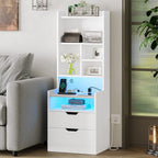 Tall Nightstand with LED Lights & Charging Station | 2 Drawers, Bookshelf & Storage Shelves, 50" Bedside End Table – Gray & Black