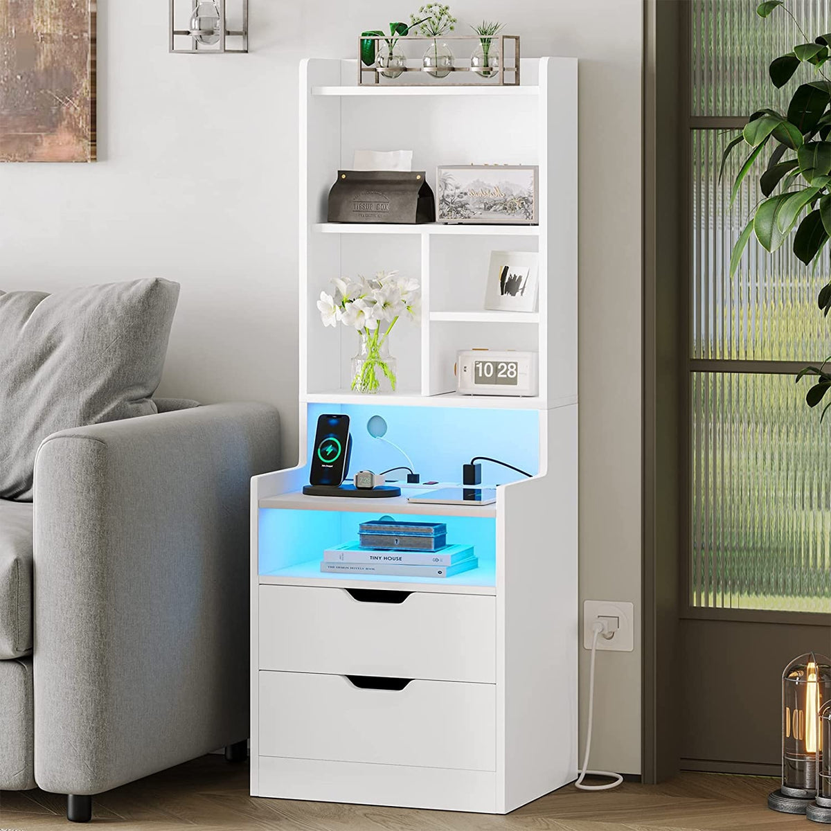 Tall Nightstand with LED Lights & Charging Station | 2 Drawers, Bookshelf & Storage Shelves, 50" Bedside End Table – Gray & Black