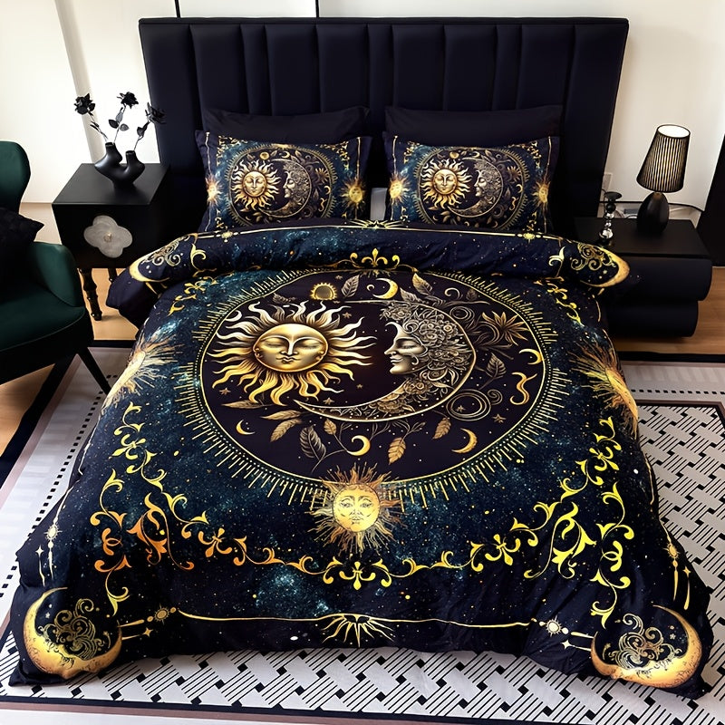Celestial Sun Moon Duvet Cover Set 3 Piece - Soft Breathable Galaxy Planet Print Bedding Twin Full Queen King Dorm Bedroom No Insert