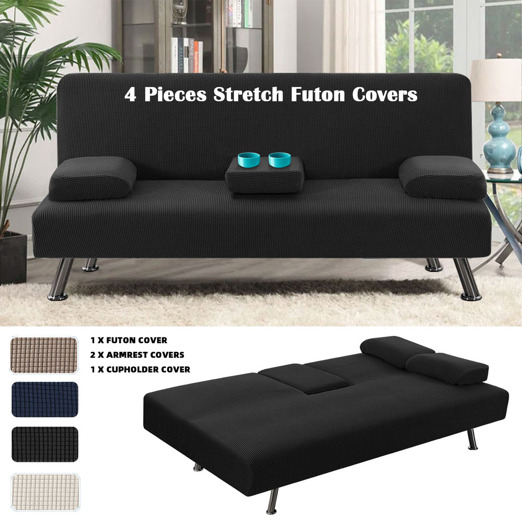Sofa Cover 4-Piece Stretch Futon Slipcover Set with Removable Armrest & Cupholder Covers – Spandex Jacquard Furniture Protector, Black & Navy