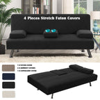 Sofa Cover 4-Piece Stretch Futon Slipcover Set with Removable Armrest & Cupholder Covers – Spandex Jacquard Furniture Protector, Black & Navy