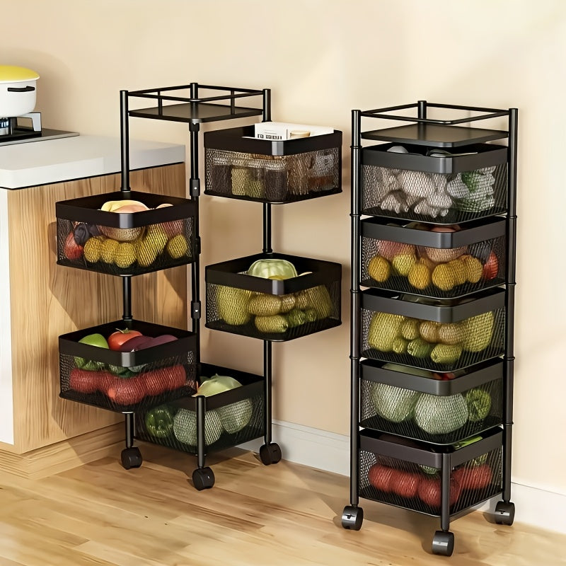 5-Tier Rotating Kitchen Storage Basket on Wheels Metal Fruit Vegetable Rack Rolling Floor Standing Trolley for Kitchen Bathroom Square Black White