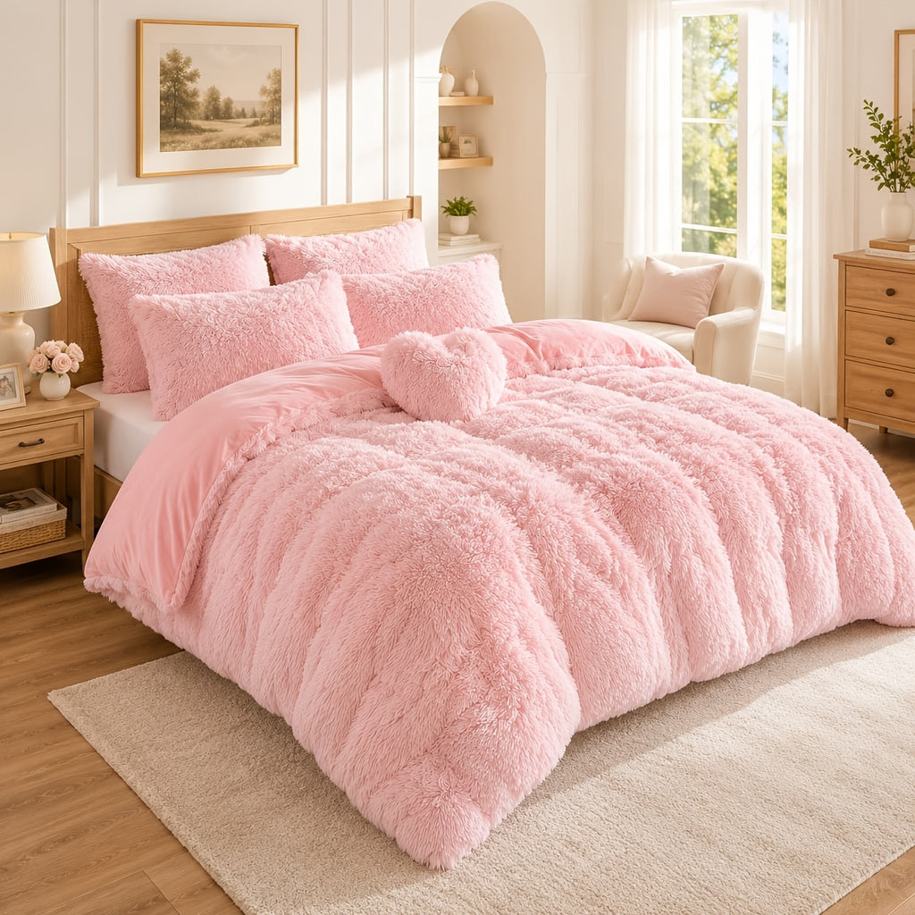 Luxury Fluffy Plush Bedding Set – Soft Duvet Cover, Pillowcases & Throw Pillow, Queen/King, All-Season